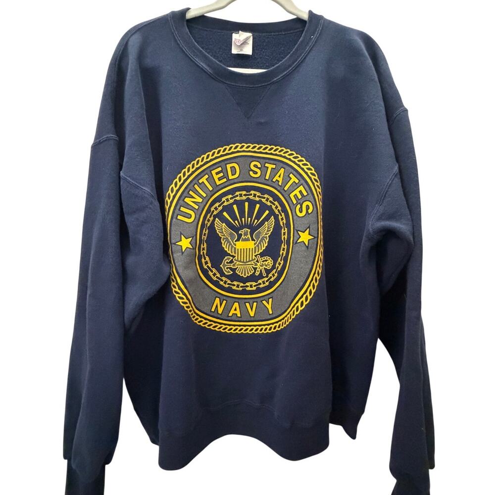 Soffe US Navy Hoodie Mens XL Blue Yellow Crest Graphic Sweatshirt Americana USN
